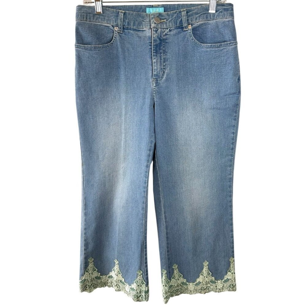 Nancy Bolen Denim Lace Trim Cropped Jeans Light Wash Size 6 Capri